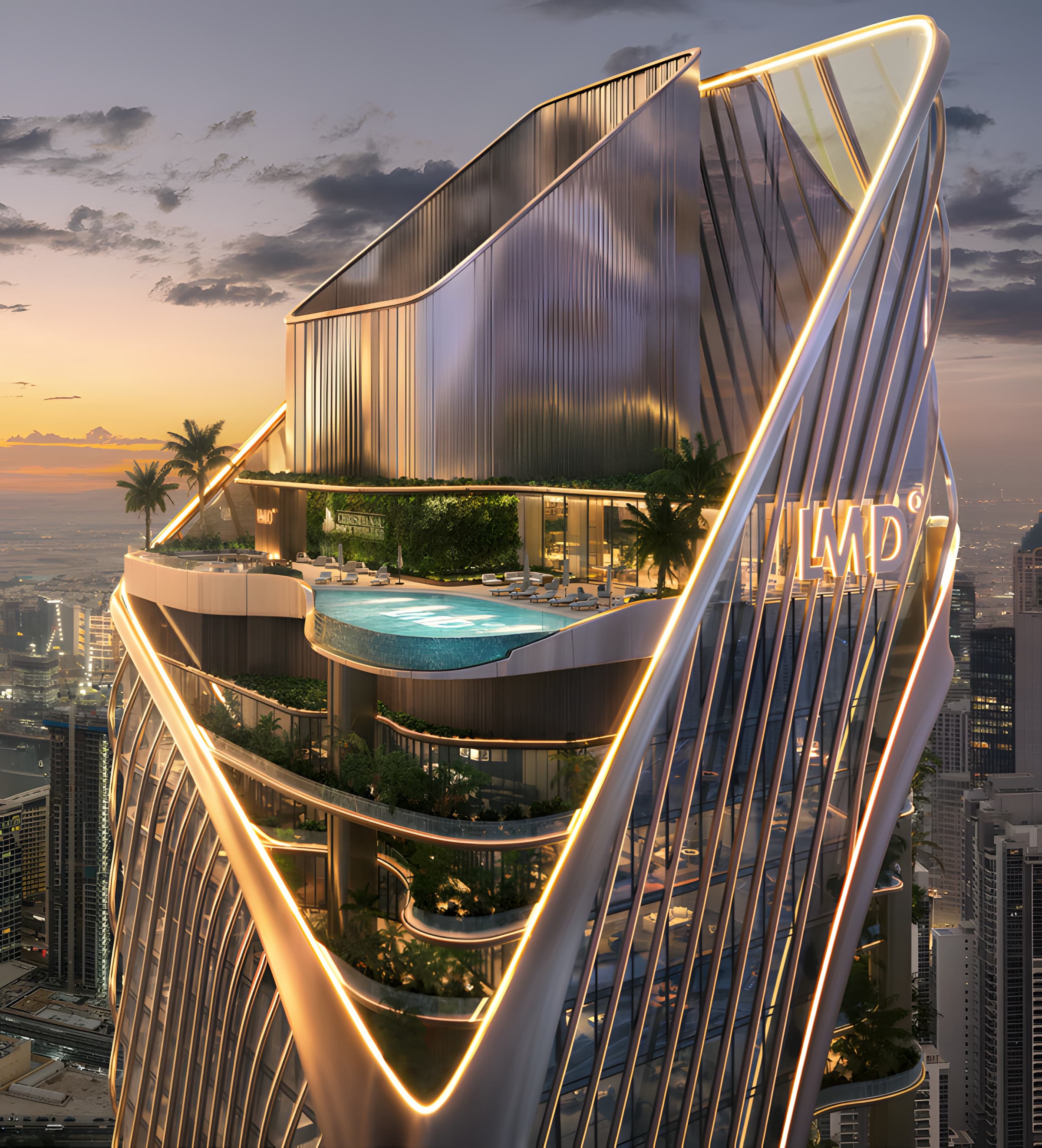 The crown and infinity pool at dusk