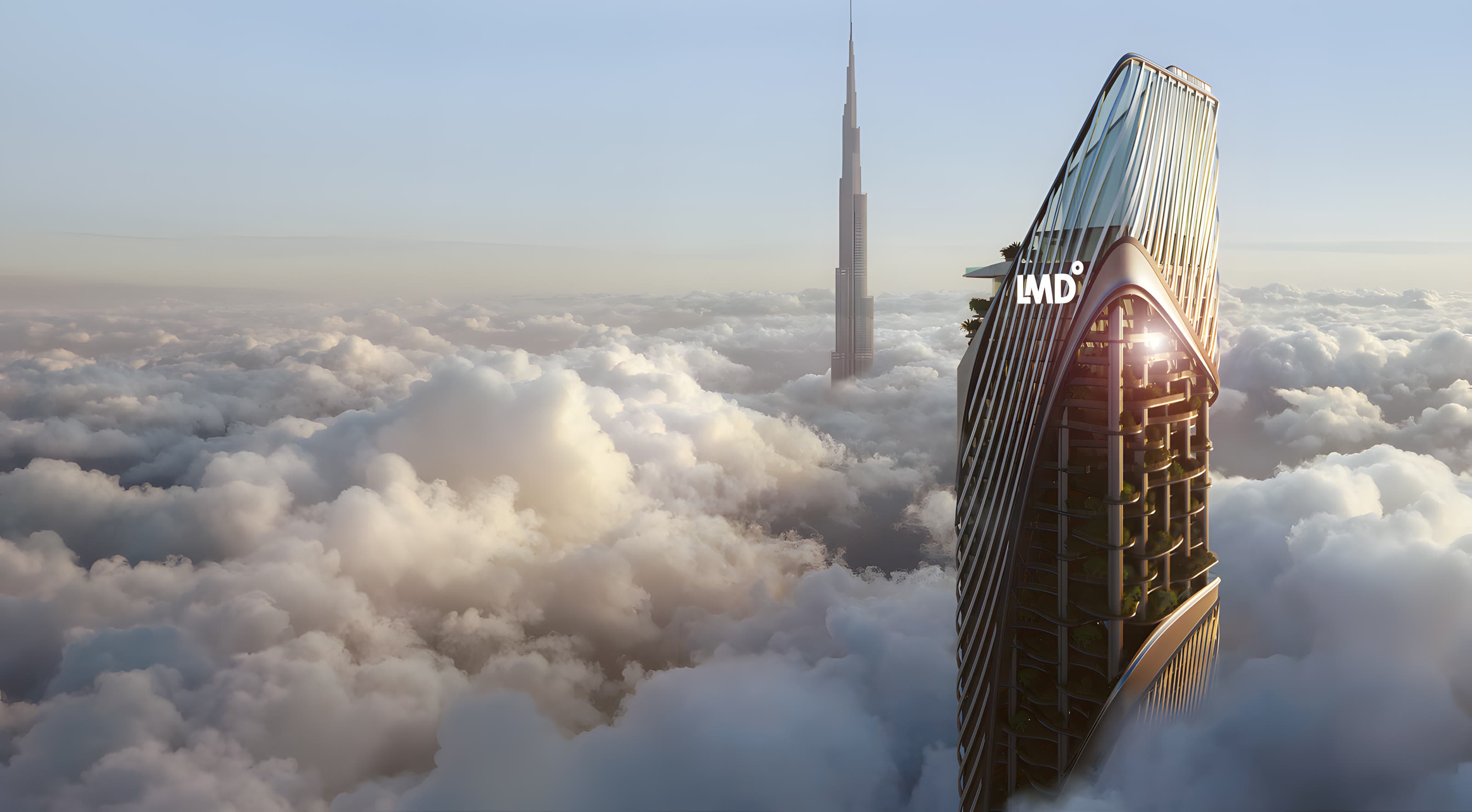 Christian A. Rockefeller Business Tower above the clouds beside the Burj Khalifa