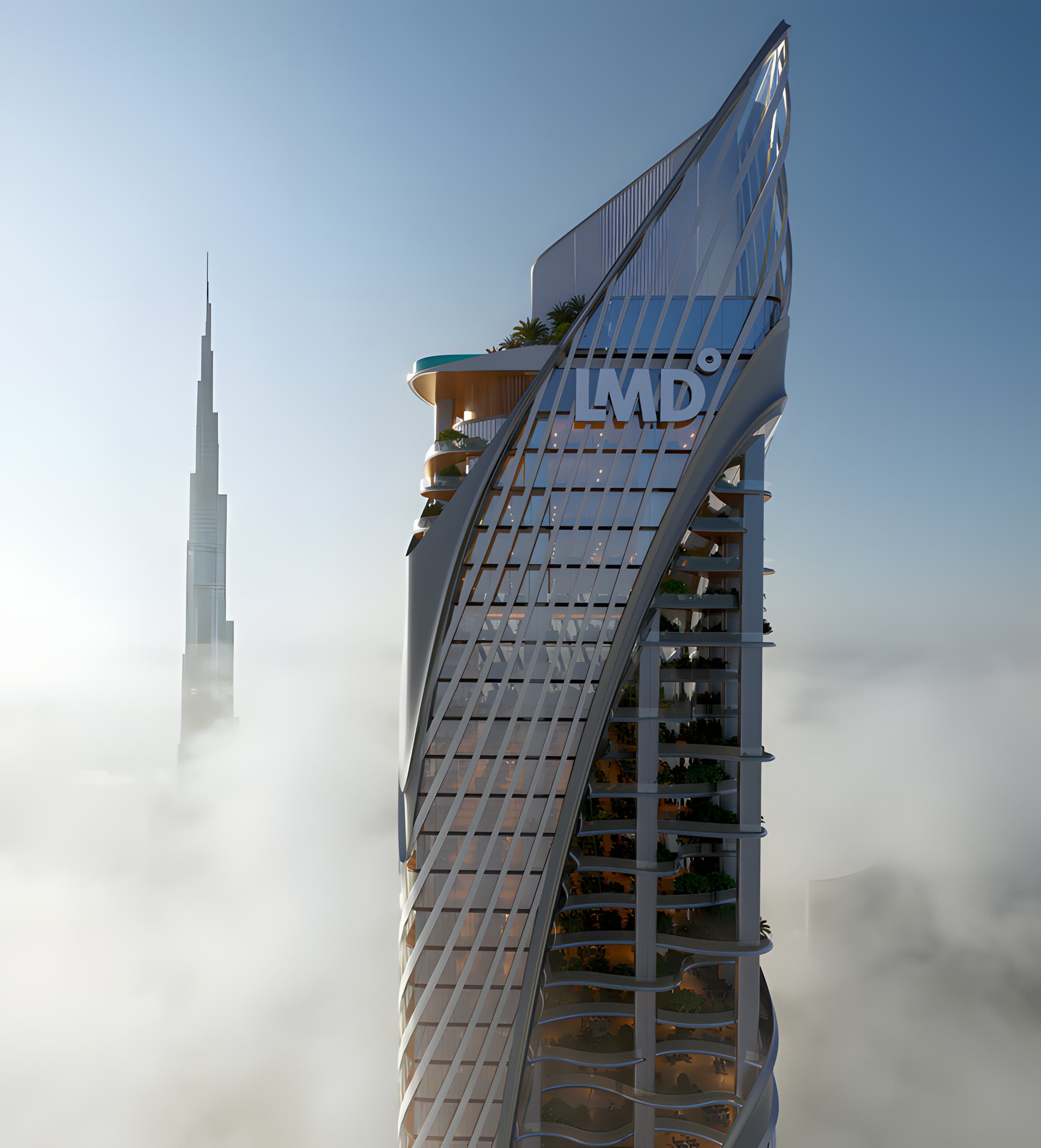 Christian A. Rockefeller Business Tower rising above the clouds beside the Burj Khalifa